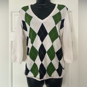 J. Crew Classic White Argyle Cotton Sweater